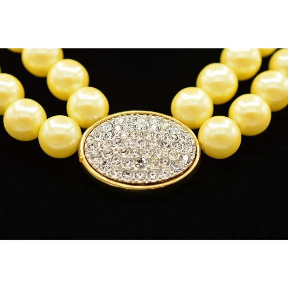 Avon Vintage Statement Collar Necklace Double Pearl Rhinestone Gold PL Signed 9J